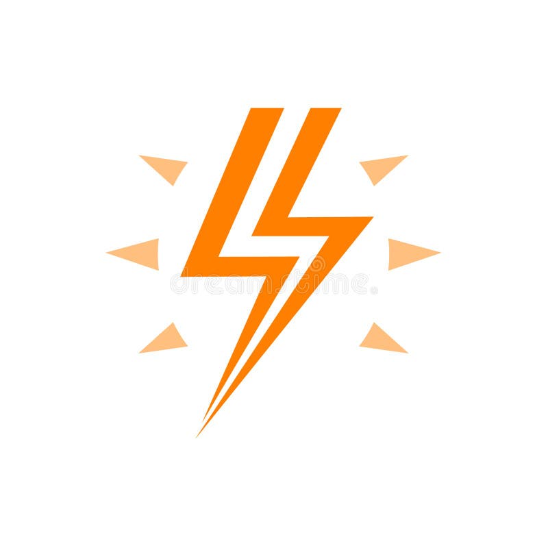 Αστραπή με το πορτοκαλί διανυσματικό λογότυπο λάμψης, το ενεργειακό σύμβολο και την προειδοποίηση της υψηλής τάσης στο ηλεκτρικό