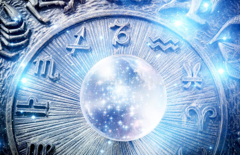 A crystal ball with stars over zodiac background like an astrology concept. A crystal ball with stars over zodiac background like an astrology concept