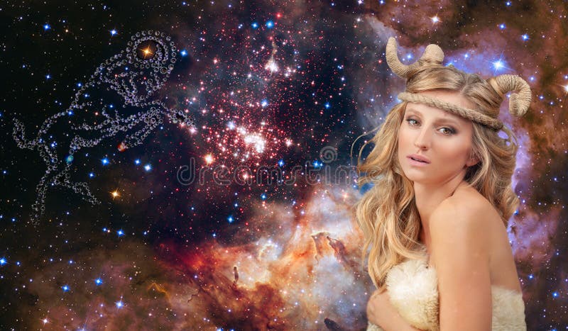 Aries Zodiac Sign. Astrology and horoscope concept, beautiful woman Aries on the galaxy background. Aries Zodiac Sign. Astrology and horoscope concept, beautiful woman Aries on the galaxy background