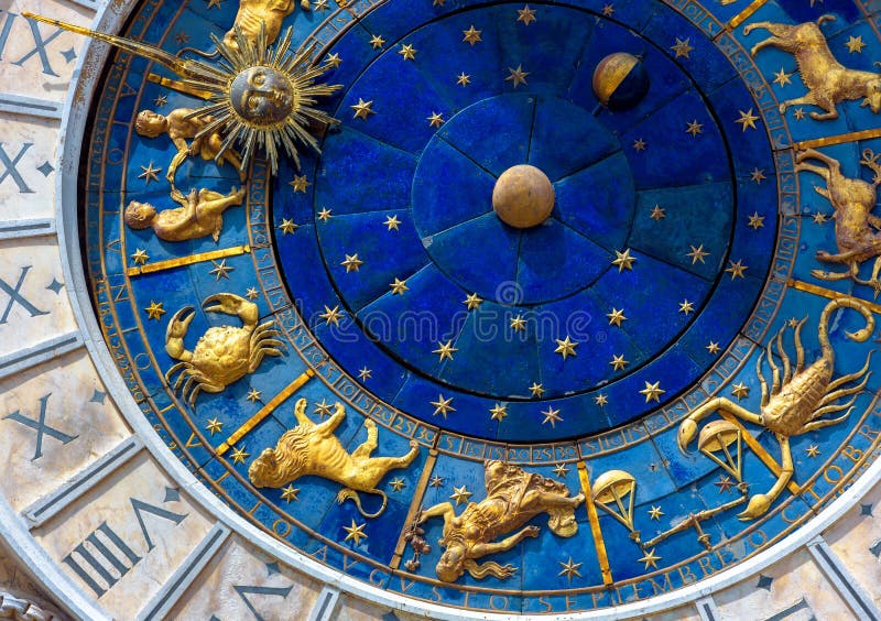 Astrological signs on ancient clock Torre dell`Orologio, Venice, Italy. Medieval Zodiac wheel and constellations. Golden symbols on star circle. Concept of astrology, horoscope and time. Astrological signs on ancient clock Torre dell`Orologio, Venice, Italy. Medieval Zodiac wheel and constellations. Golden symbols on star circle. Concept of astrology, horoscope and time
