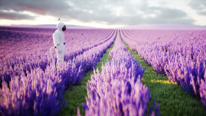 Αστροναύτης με τις πεταλούδες lavender στον τομέα Έννοια του μέλλοντος ρεαλιστική 4k ζωτικότητα ραδιοφωνικής μετάδοσης διανυσματική απεικόνιση