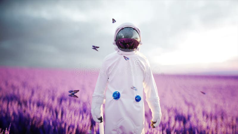 Αστροναύτης με τις πεταλούδες lavender στον τομέα Έννοια του μέλλοντος ρεαλιστική 4k ζωτικότητα ραδιοφωνικής μετάδοσης διανυσματική απεικόνιση