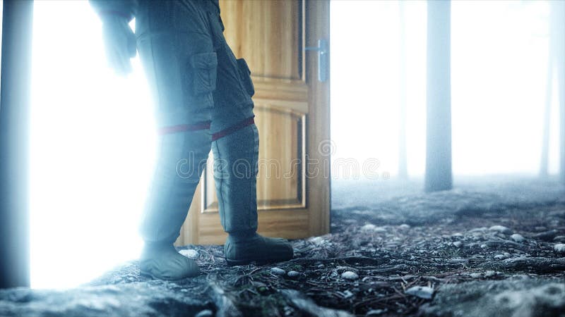Αστροναύτης στη δασική ελαφριά πυίδα πόρτα νύχτας ομίχλης χώρος αποβίβασης 4K ζωτικότητα τρισδιάστατη απόδοση απεικόνιση αποθεμάτων