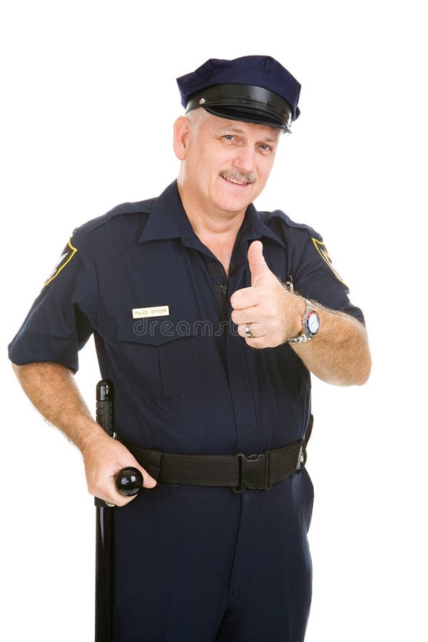 Handsome mature police officer giving thumbs up sign. Isolated on white. Handsome mature police officer giving thumbs up sign. Isolated on white.