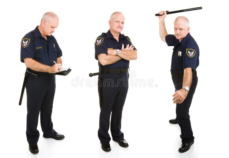 Three views of handsome middle-aged police officer. Full body isolated on white. Three views of handsome middle-aged police officer. Full body isolated on white.