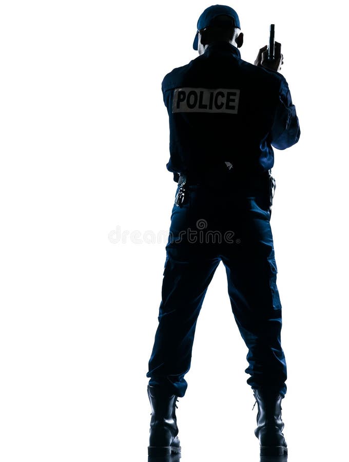 Rear view of an afro American police officer holding handgun on white isolated background. Rear view of an afro American police officer holding handgun on white isolated background