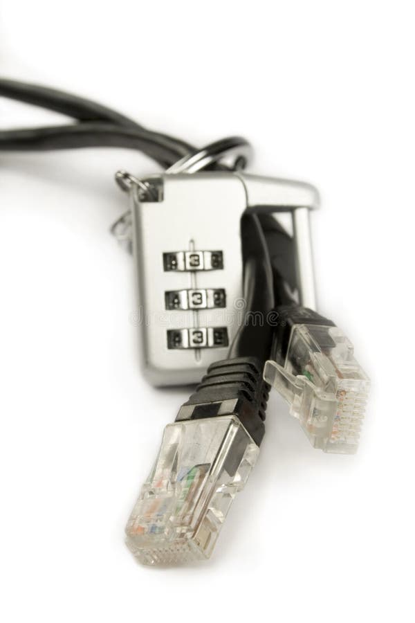 An Ethernet RJ45 cables with a padlock.Isolated on white. Photo is focused on two cables. Network security and password concepts. An Ethernet RJ45 cables with a padlock.Isolated on white. Photo is focused on two cables. Network security and password concepts.