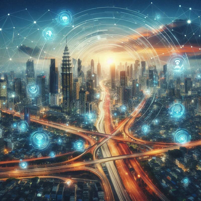 ασύρματα δίκτυα έξυπνα πόλεις internet των πραγμάτων και αφηρημένες οπτικές εικόνες. διανυσματική απεικόνιση
