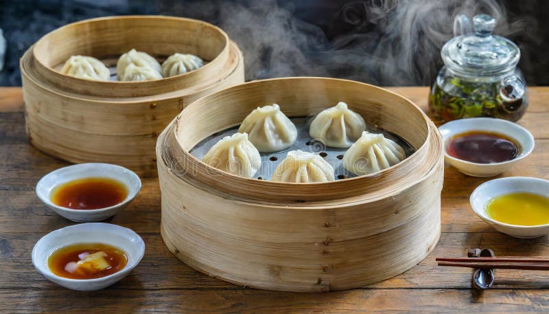 ατμόπλοιο με γευστικές χωματερές στο tablexiaolongbao σε ατμόπλοιο που δείχνει διαφανή ζύμη και ζωμό σε ξύλινο τραπέζι απεικόνιση αποθεμάτων
