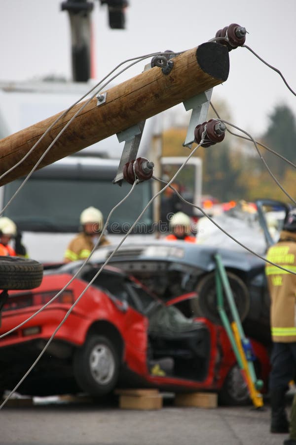 Exercise of rescue and fire in car accident. Exercise of rescue and fire in car accident