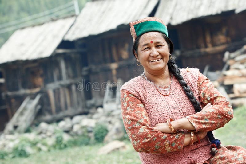 India authentic smiling woman - country dweller of Indian himachal pradesh state kinnaur village. India authentic smiling woman - country dweller of Indian himachal pradesh state kinnaur village