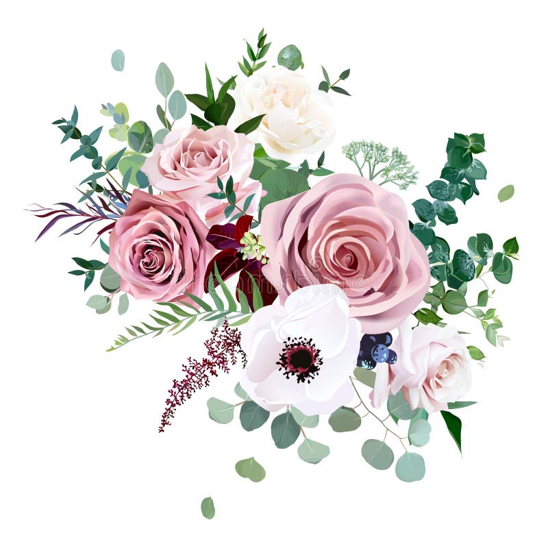Αυξήθηκε, anemone, χλωμή γαμήλια ανθοδέσμη σχεδίου λουλουδιών διανυσματική ελεύθερη απεικόνιση δικαιώματος