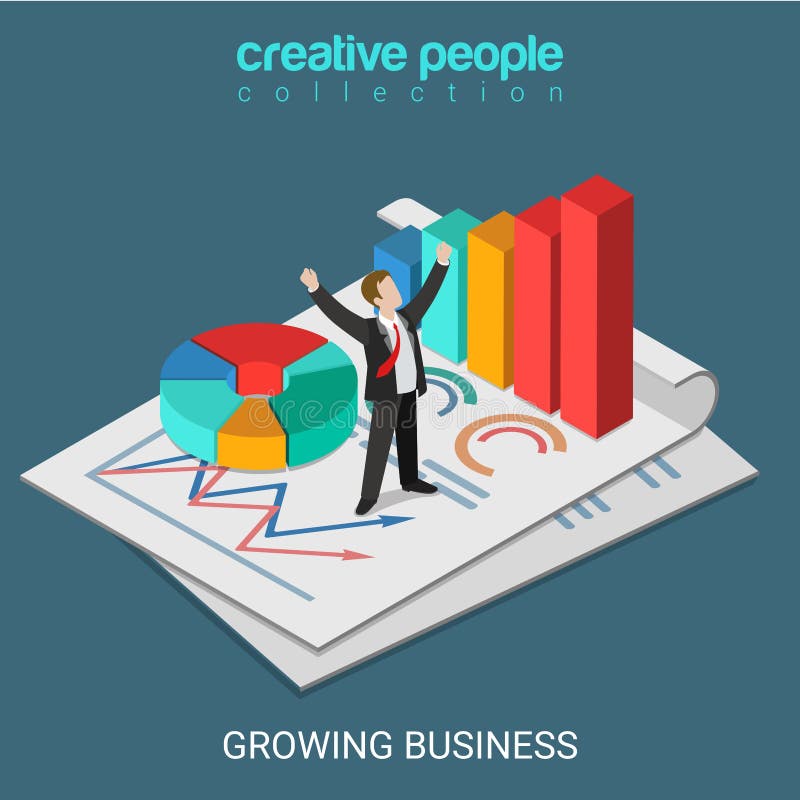 Flat 3d isometric growing business concept web infographics vector illustration. Successful micro businessman standing on big report document pie chart bar graphic. Creative people collection. Flat 3d isometric growing business concept web infographics vector illustration. Successful micro businessman standing on big report document pie chart bar graphic. Creative people collection.