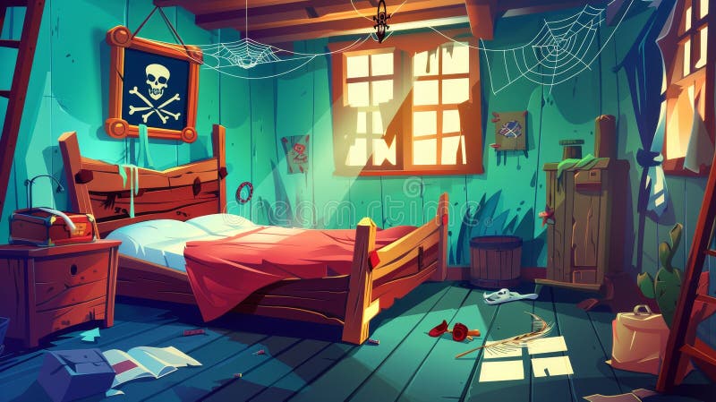 This is a cartoon modern illustration showing an abandoned kid&#x27;s bedroom in pirate style with a ship bed, a portrait of the captain, a spiderweb on the wall, ragged wall paper, a strewn construction. AI generated. This is a cartoon modern illustration showing an abandoned kid&#x27;s bedroom in pirate style with a ship bed, a portrait of the captain, a spiderweb on the wall, ragged wall paper, a strewn construction. AI generated