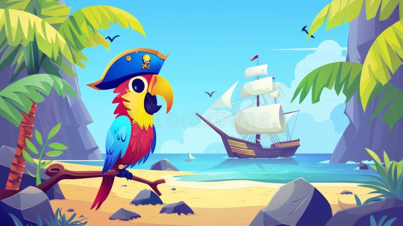 This landing page shows a cartoon illustration of a piracy bird sitting on rocks, palm trees, and a wooden sailboat on a tropical island with a parrot in hat.. AI generated. This landing page shows a cartoon illustration of a piracy bird sitting on rocks, palm trees, and a wooden sailboat on a tropical island with a parrot in hat.. AI generated