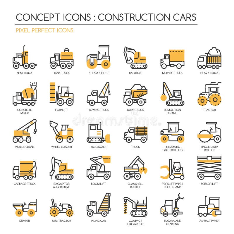 Construction Cars , thin line icons set , Pixel Perfect Icons. Construction Cars , thin line icons set , Pixel Perfect Icons
