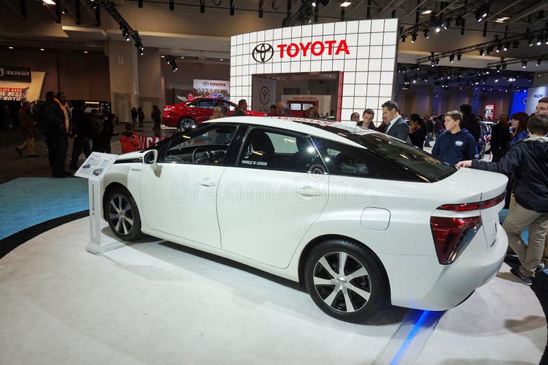 Photo of the 2015 toyota mirai hydrogen fuel cell car at the washington dc auto show at the washington dc convention center on 1/24/15. This car uses hydrogen to power a 151 hp electric motor and has a 300 mile range. Filling up takes about 5 minutes. Pricing is around $45000 after tax incentives and this car should go on sale in california some time this year. California has a network of hydrogen filling stations making ownership of the car practical. Photo of the 2015 toyota mirai hydrogen fuel cell car at the washington dc auto show at the washington dc convention center on 1/24/15. This car uses hydrogen to power a 151 hp electric motor and has a 300 mile range. Filling up takes about 5 minutes. Pricing is around $45000 after tax incentives and this car should go on sale in california some time this year. California has a network of hydrogen filling stations making ownership of the car practical.