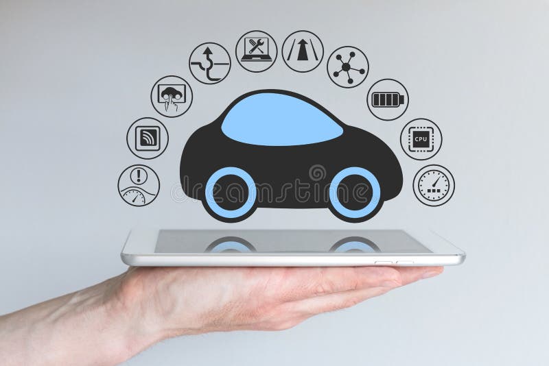 Αυτόνομο μόνος-οδηγώντας driverless αυτοκίνητο που συνδέεται με την κινητή συσκευή ελεύθερη απεικόνιση δικαιώματος Αυτόνομο μόνος-οδηγώντας driverless αυτοκίνητο που συνδέεται με την κινητή συσκευή ελεύθερη απεικόνιση δικαιώματος