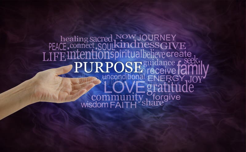 Female hand open palm upwards with the word Purpose surrounded by a relevant word cloud on a deep purple and blue flowing energy backgroundn. Female hand open palm upwards with the word Purpose surrounded by a relevant word cloud on a deep purple and blue flowing energy backgroundn