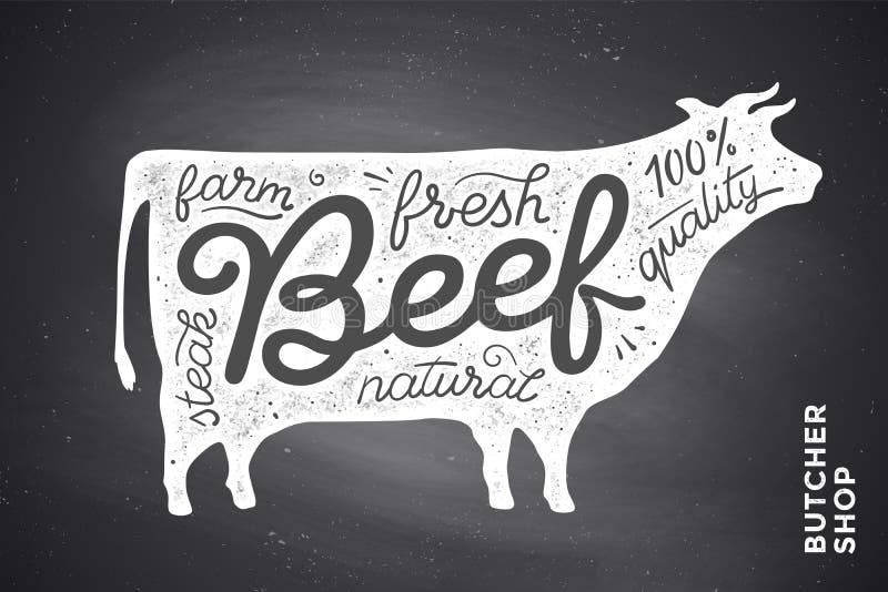 Trendy illustration with red cow silhouette and words Beef, fresh, steak, natural, farm. Creative graphic design for butcher shop, farmer market. Poster for meat related theme. Vector Illustration. Trendy illustration with red cow silhouette and words Beef, fresh, steak, natural, farm. Creative graphic design for butcher shop, farmer market. Poster for meat related theme. Vector Illustration