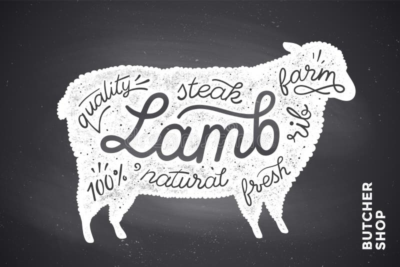 Trendy illustration with red lamb silhouette and words Lamb, fresh, steak, natural, farm. Creative graphic design for butcher shop, farmer market. Poster for meat related theme. Vector Illustration. Trendy illustration with red lamb silhouette and words Lamb, fresh, steak, natural, farm. Creative graphic design for butcher shop, farmer market. Poster for meat related theme. Vector Illustration