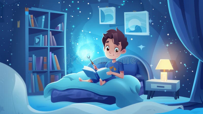 In-room posters with boy reading spellbook at night. Cartoon flyers with young wizard in pajamas holding magical wand and witchcraft book.. AI generated. In-room posters with boy reading spellbook at night. Cartoon flyers with young wizard in pajamas holding magical wand and witchcraft book.. AI generated