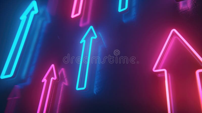 Abstract neon arrows pointing upwards on a dark background. Concept of growth, success, and progress. Design for futuristic poster and tech event backdrop. Abstract neon arrows pointing upwards on a dark background. Concept of growth, success, and progress. Design for futuristic poster and tech event backdrop