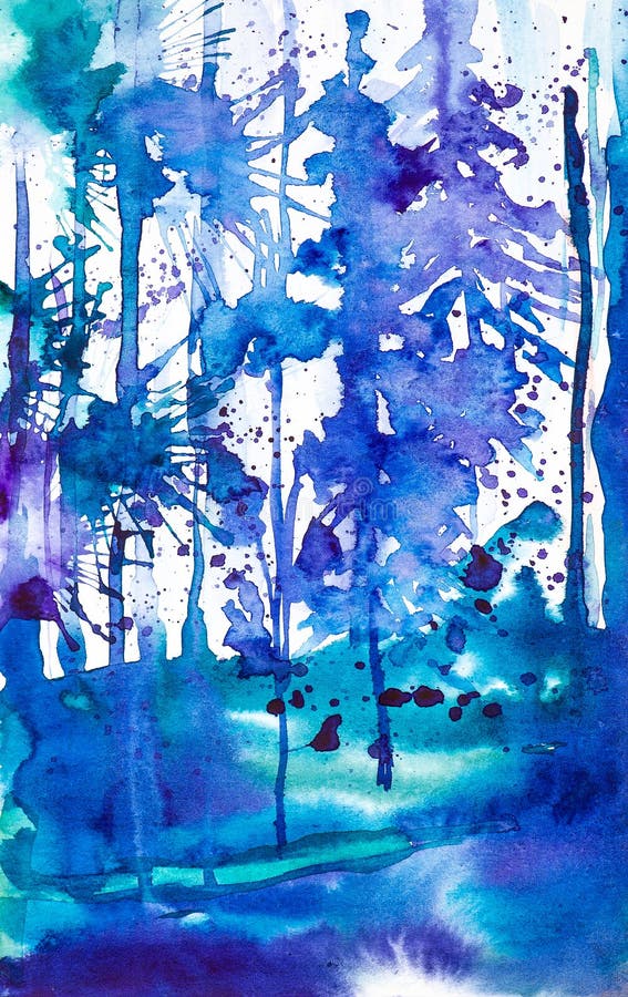 Αφηρημένη απεικόνιση watercolor του μπλε δάσους που περιβάλλεται από τις πτώσεις των λεκέδων μελανιού ελεύθερη απεικόνιση δικαιώματος Αφηρημένη απεικόνιση watercolor του μπλε δάσους που περιβάλλεται από τις πτώσεις των λεκέδων μελανιού ελεύθερη απεικόνιση δικαιώματος