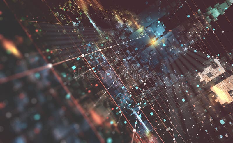 Αφηρημένη τρισδιάστατη απεικόνιση υποβάθρου τεχνολογίας Κβαντική αρχιτεκτονική υπολογιστών Φανταστική πόλη νύχτας