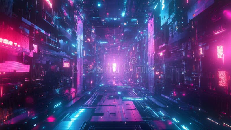 Αφηρημένο Cyberpunk Neon Tunnel με λαμπερά ροζ και μπλε φώτα απεικόνιση αποθεμάτων