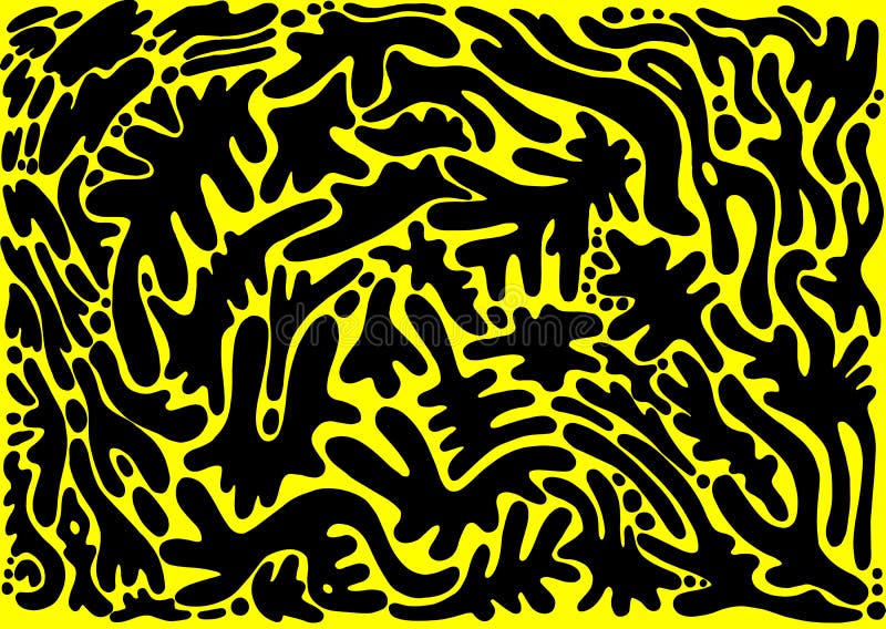 Abstract cartoon decorative pattern, with many different shapes spots black color, isolated on yellow background. Doodle style design. Vector hand drawn texture with stains. Abstract cartoon decorative pattern, with many different shapes spots black color, isolated on yellow background. Doodle style design. Vector hand drawn texture with stains