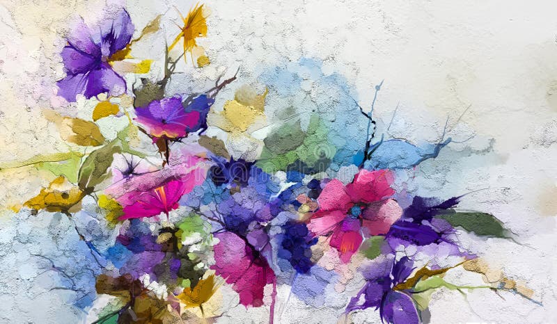 Αφηρημένο ζωηρόχρωμο πετρέλαιο, ακρυλική ζωγραφική του λουλουδιού άνοιξη Χρωματισμένο χέρι κτύπημα βουρτσών στον καμβά