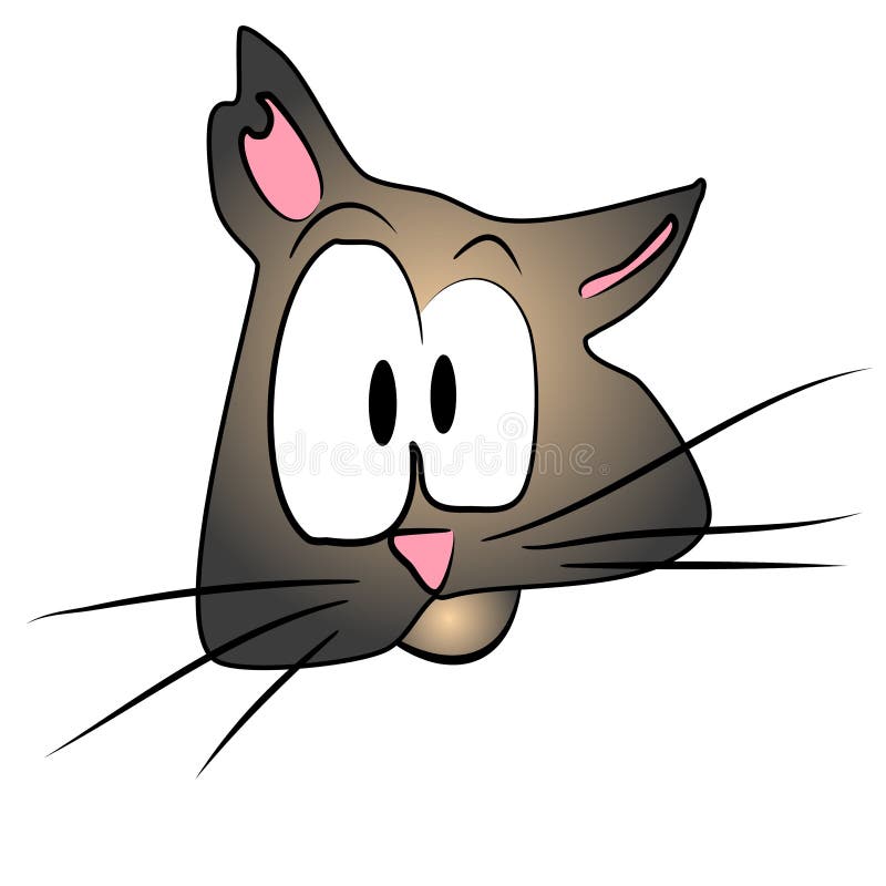 An abstract cartoon caricature of a cat's head with large eyes, gray fur and pink nose and ears. An abstract cartoon caricature of a cat's head with large eyes, gray fur and pink nose and ears.