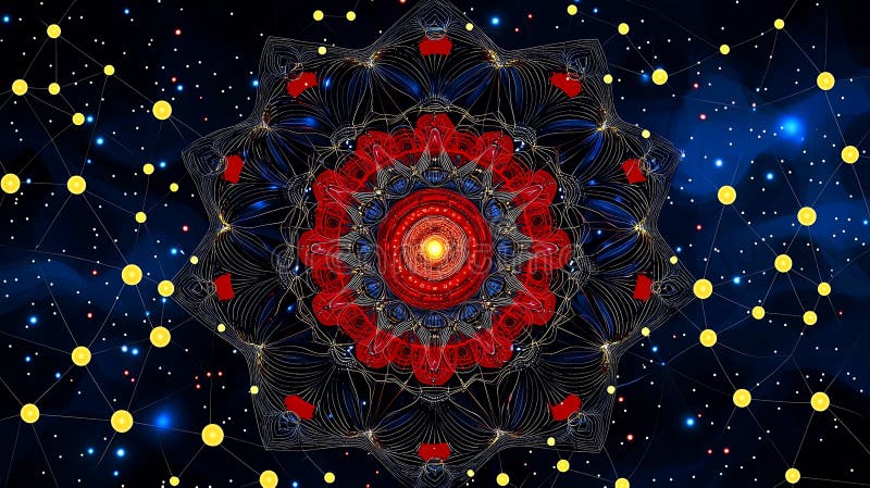 Αφηρημένο κοσμικό Mandala Red Blue Yellow Απόχρωση στο Σκούρο Μπλε Διάστημα ελεύθερη απεικόνιση δικαιώματος