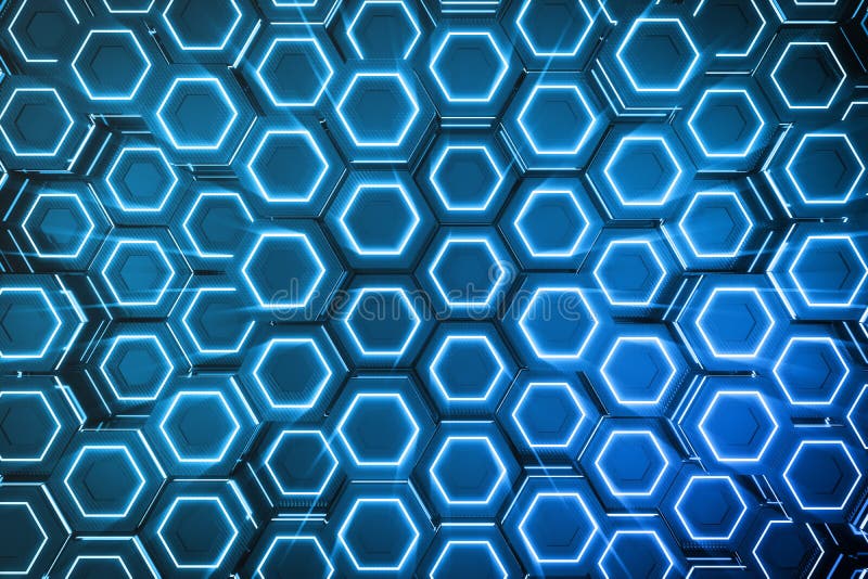 Αφηρημένο μπλε του φουτουριστικού hexagon σχεδίου επιφάνειας, εξαγωνική κηρήθρα με τις ελαφριές ακτίνες, τρισδιάστατη απόδοση απεικόνιση αποθεμάτων Αφηρημένο μπλε του φουτουριστικού hexagon σχεδίου επιφάνειας, εξαγωνική κηρήθρα με τις ελαφριές ακτίνες, τρισδιάστατη απόδοση απεικόνιση αποθεμάτων