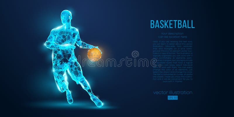 Αφηρημένο παίχτης μπάσκετ από τα μόρια, τις γραμμές και τα τρίγωνα στο μπλε υπόβαθρο Το χαμηλό πολυ νέο wireframe περιγράφει διανυσματική απεικόνιση