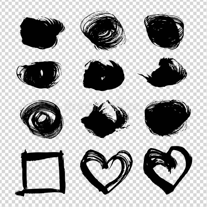 Abstract, square and heart shape black brush strokes big set isolated on imitation transparent background. Abstract, square and heart shape black brush strokes big set isolated on imitation transparent background
