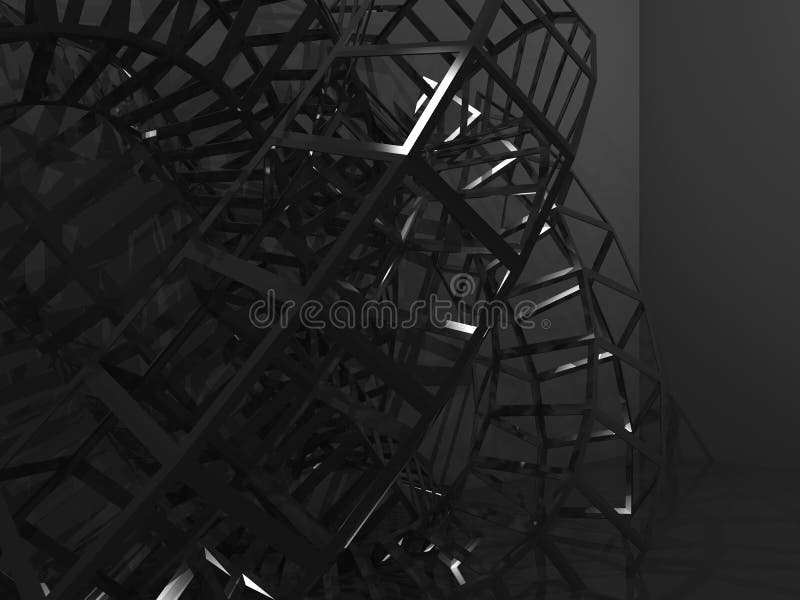 Abstract black digital background, bent wire-frame structure in the dark. 3d render. Abstract black digital background, bent wire-frame structure in the dark. 3d render