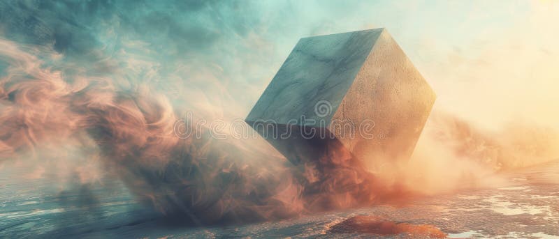 Αφηρημένος 3D κύβος σε δραματικό σκονισμένο τοπίο στο ηλιοβασίλεμα απεικόνιση αποθεμάτων