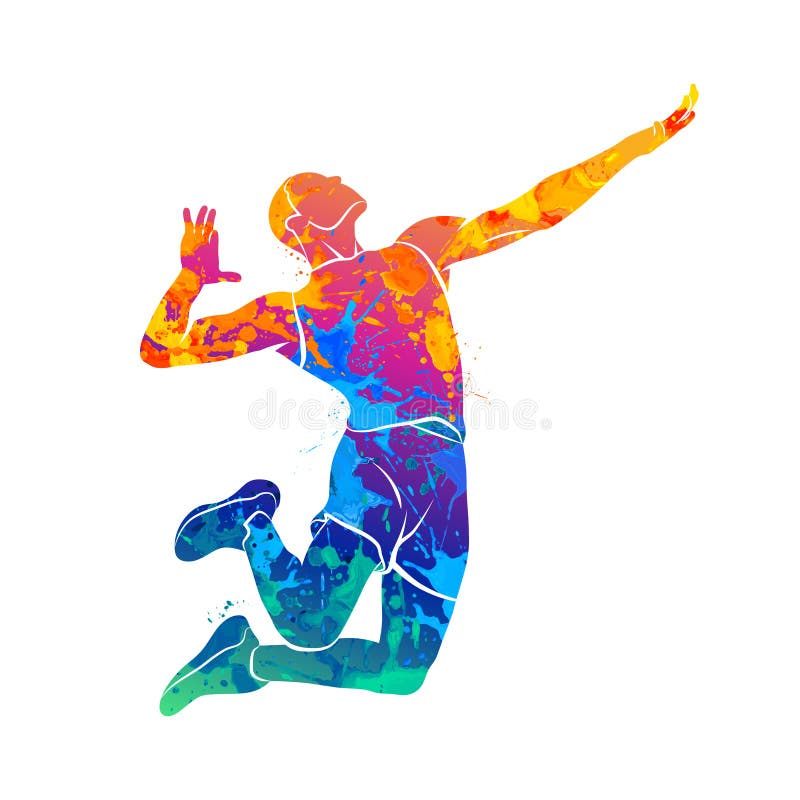 Abstract volleyball player jumping from a splash of watercolors. Vector illustration of paints. Abstract volleyball player jumping from a splash of watercolors. Vector illustration of paints.