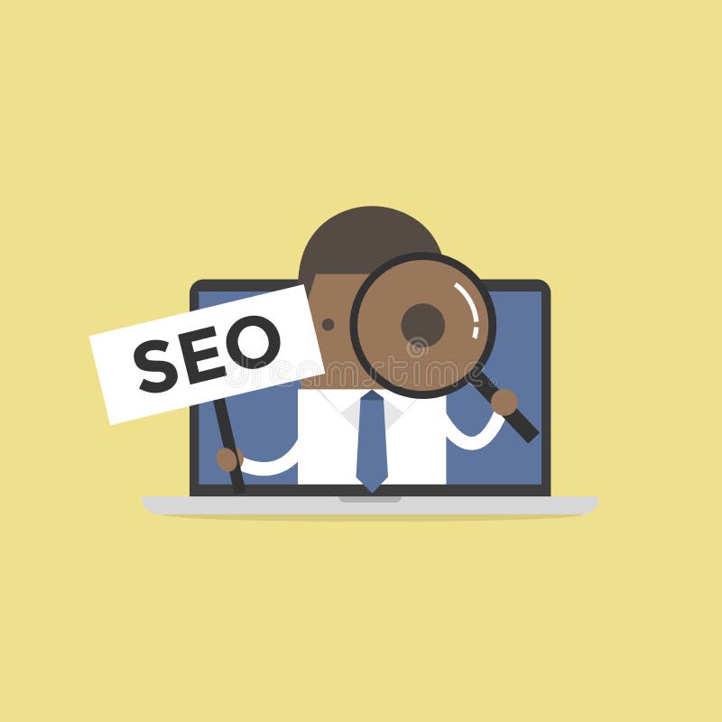 Αφρικανικό σημάδι εκμετάλλευσης SEO επιχειρηματιών και κοίταγμα μέσω μιας ενίσχυσης - γυαλί στο σημειωματάριο υπολογιστών απεικόνιση αποθεμάτων