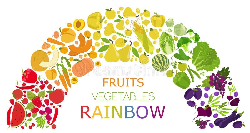 Fruits and vegetables. Nutrition rainbow. Icon set. Vector illustration. Fruits and vegetables. Nutrition rainbow. Icon set. Vector illustration