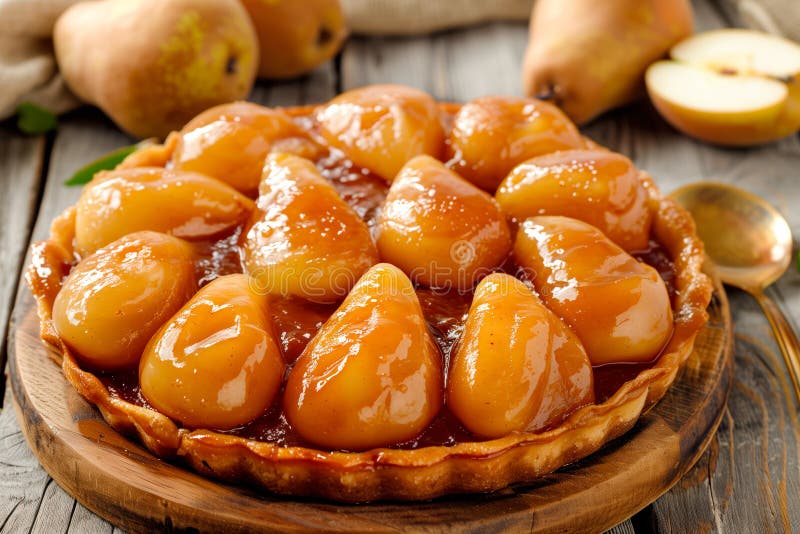 Pear tarte tatin or French fruit tart with gluten free crust. La Tarte Bourdaloue pie AI generated. Pear tarte tatin or French fruit tart with gluten free crust. La Tarte Bourdaloue pie AI generated