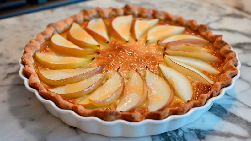 Pear tarte tatin or French fruit tart with gluten free crust. La Tarte Bourdaloue pie AI generated. Pear tarte tatin or French fruit tart with gluten free crust. La Tarte Bourdaloue pie AI generated