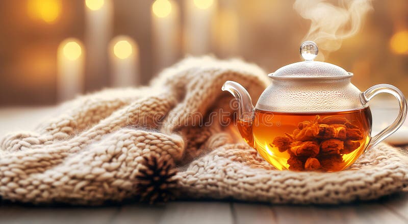 αχνιστός γυάλινη τσαγιέρα με βότανα κάθεται σε ζεστή πλεκτή κουβέρτα. τεχνητή απεικόνιση αποθεμάτων