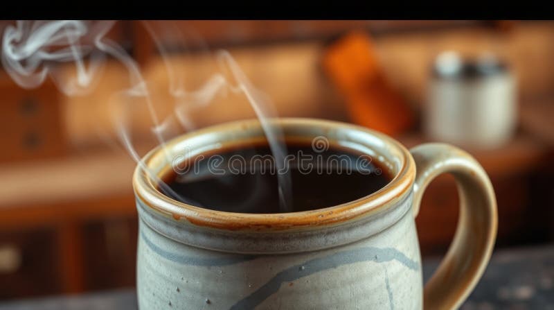 Αχνιστός μαύρος καφές σε ανθεκτική κεραμική κούπα με ζεστό θαμπό φόντο απεικόνιση αποθεμάτων