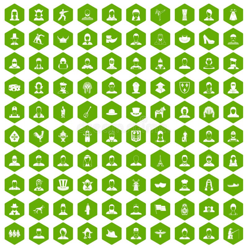 100 folk icons set in green hexagon isolated vector illustration. 100 folk icons set in green hexagon isolated vector illustration