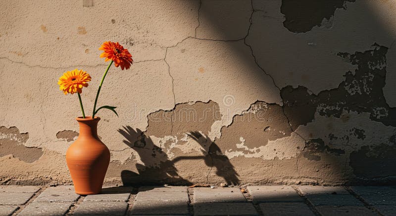 Βάζο με λουλούδια που ρίχνει σκιές σε έναν τοίχο ελεύθερη απεικόνιση δικαιώματος
