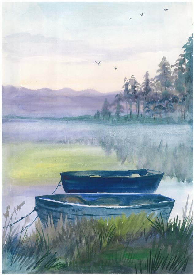 Βάρκα Watercolor στον ποταμό απεικόνιση αποθεμάτων Βάρκα Watercolor στον ποταμό απεικόνιση αποθεμάτων
