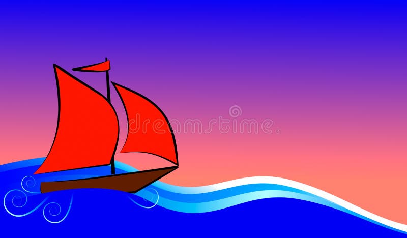 Boat with red sails floats on the blue sea. Boat with red sails floats on the blue sea